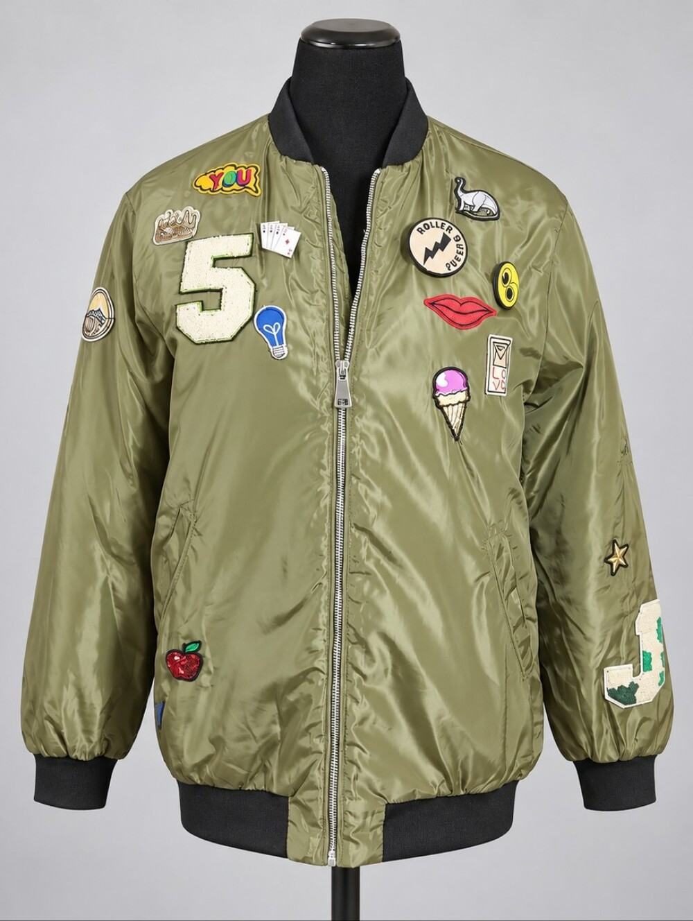 Olive Green Patch Bomber Jacket Size XL Statement Streetwear